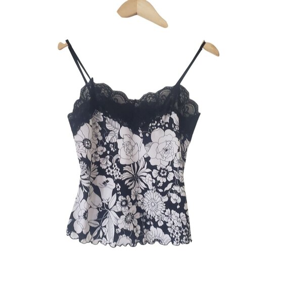 Studio Y Tops - Studio Y Black White Floral Tank Top Camisole Size M Lace Trim Y2K Fairy Grunge